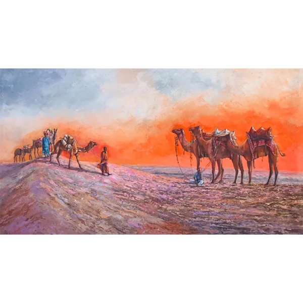 The Caravan At Sunset Journey Through Fire & Sand, Oil Paint On Canvas, ARR 48 x 27 inch
