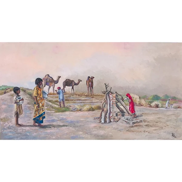 The Morning Ritual of Survival, Oil Paint On Canvas Desert Life, ARR 27 x 17 Inch