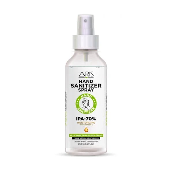 Hand Sanitizer Spray by ARIS COSMETICS – Isopropyl Alcohol Spray 75% Solution – IPA-75% Moisturizing with Vitamin E – Kills More Than 99.99% Germs – Leaves Hand Feeling Soft – Triple Action Moisturizers – 250ml